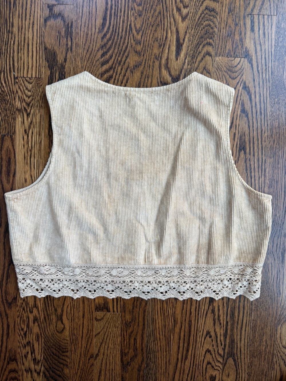 April Cornell Beige Corduroy Ribbed Lace-Trim Western Indie Button Down CropTank - Picture 5 of 6